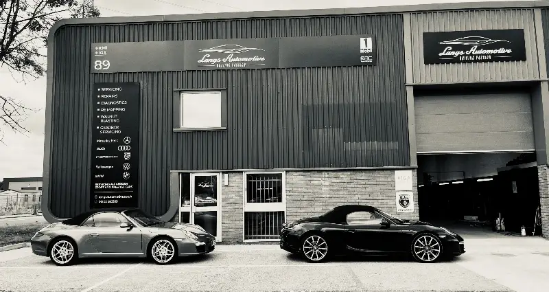 Langs Automotive, Unit 89 Condor Close, with two Porsches outside